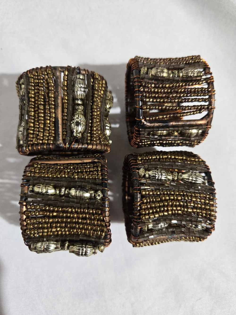 Vintage Bronze Gold Beaded Napkin Rings Set of 4 Metallic Wire Woven Holders